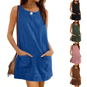 JovenPara Women's Corduroy Overall Dress Round Neck A Line Skirtall Jumper Mini Dress Pinafore with Pockets