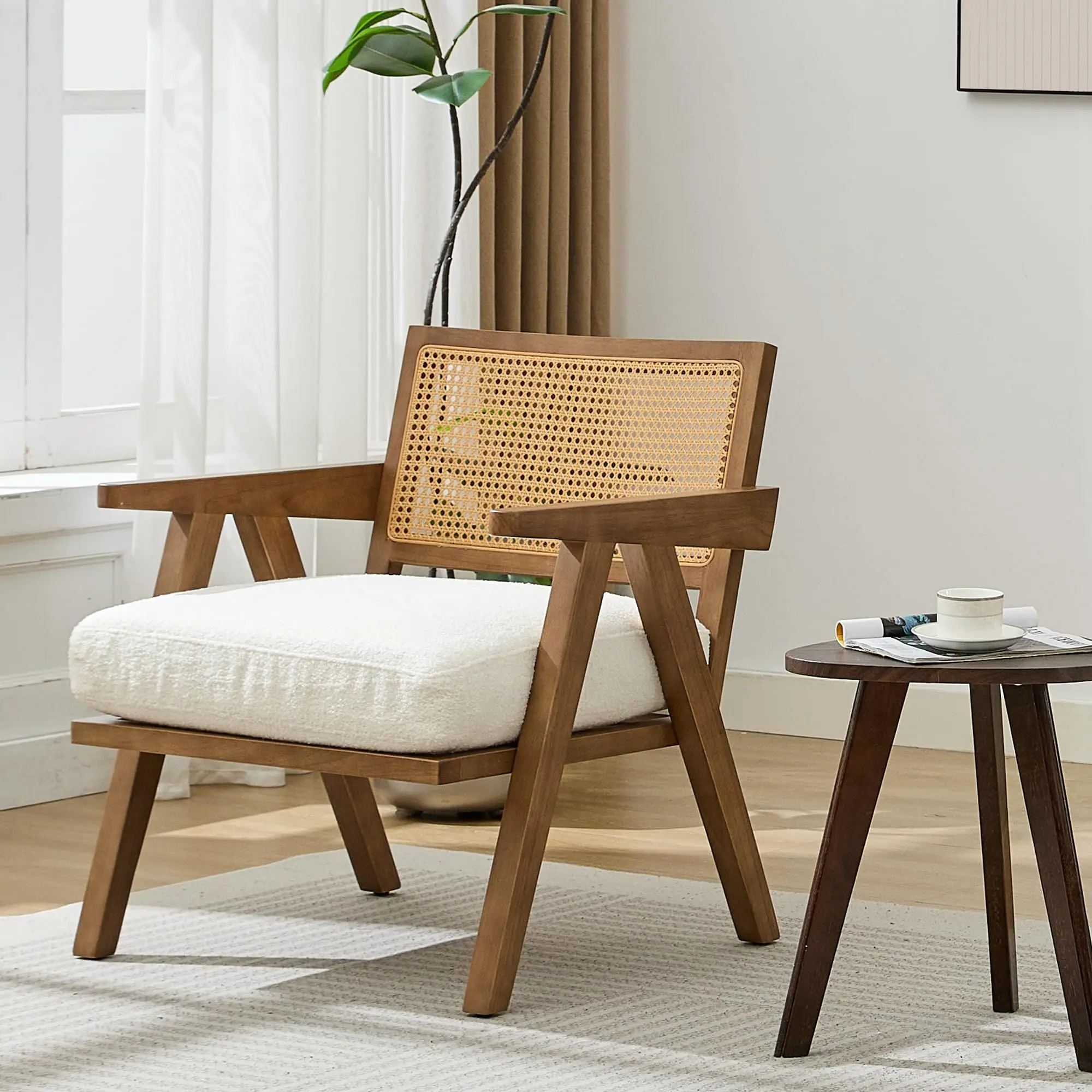 Garvee Modern Mid-Century Linen Upholstered Chair with Wooden Frame, Soft Cushion, Comfortable Reading Armchair for Living Room, Bedroom, Office, White, 1 Unit