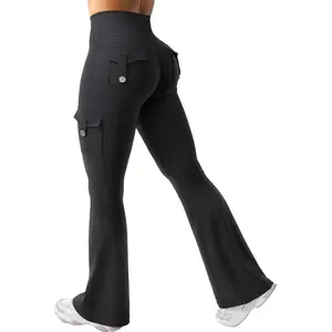 Women's sports bell-bottom pants, with pockets, hidden pleated high-waisted cargo yoga pants, black