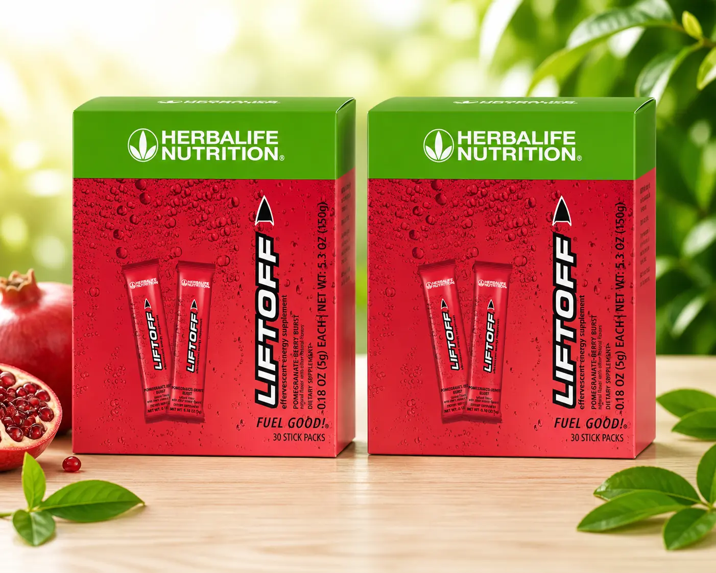 2 Packs Herbalife Nutrition Liftoff Pomegranate Berry Burst 30 Stick Packs Vitamin Enriched Energy Drink Mix with Caffeine & B Complex Vitamins for Alertness Portable Fizzy Beverage - Flavor