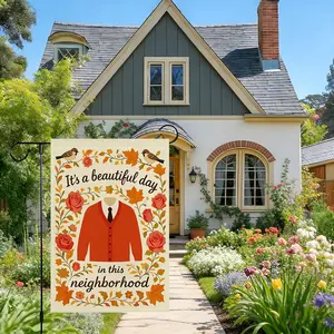 Mr Rogers Inspirational Garden Flag, Cozy Autumn Design with Cardigan, Roses, and Fall Leaves, Perfect for Outdoor Porch, Yard, Home, or Community Decor