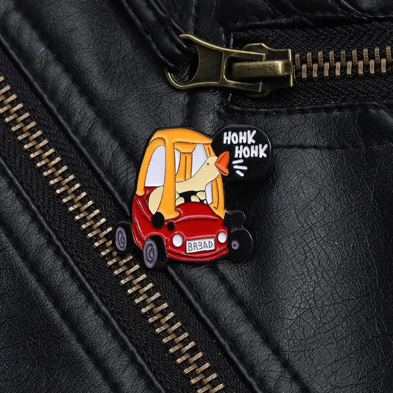 Unisex Cartoon Goose Car Enamel Pin 2-PACK, Premium Metal Enamel Coloring Brooch, Black Rubber Backing Everyday Fashion Accessory for Denim Jackets, Funny Meme Jewelry Gift for Teens, Red Car Themed Collar Clip