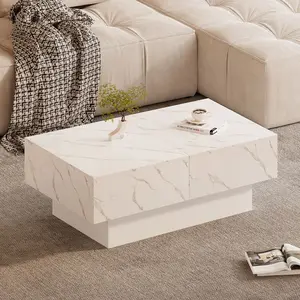 HedoAjim Push-Pull Double Sliding White Stone Coffee Table - Light-Enhancing Design, Expandable Storage, Versatile for Living Rooms & Hotels, Multi-Style Indoor Furniture Table