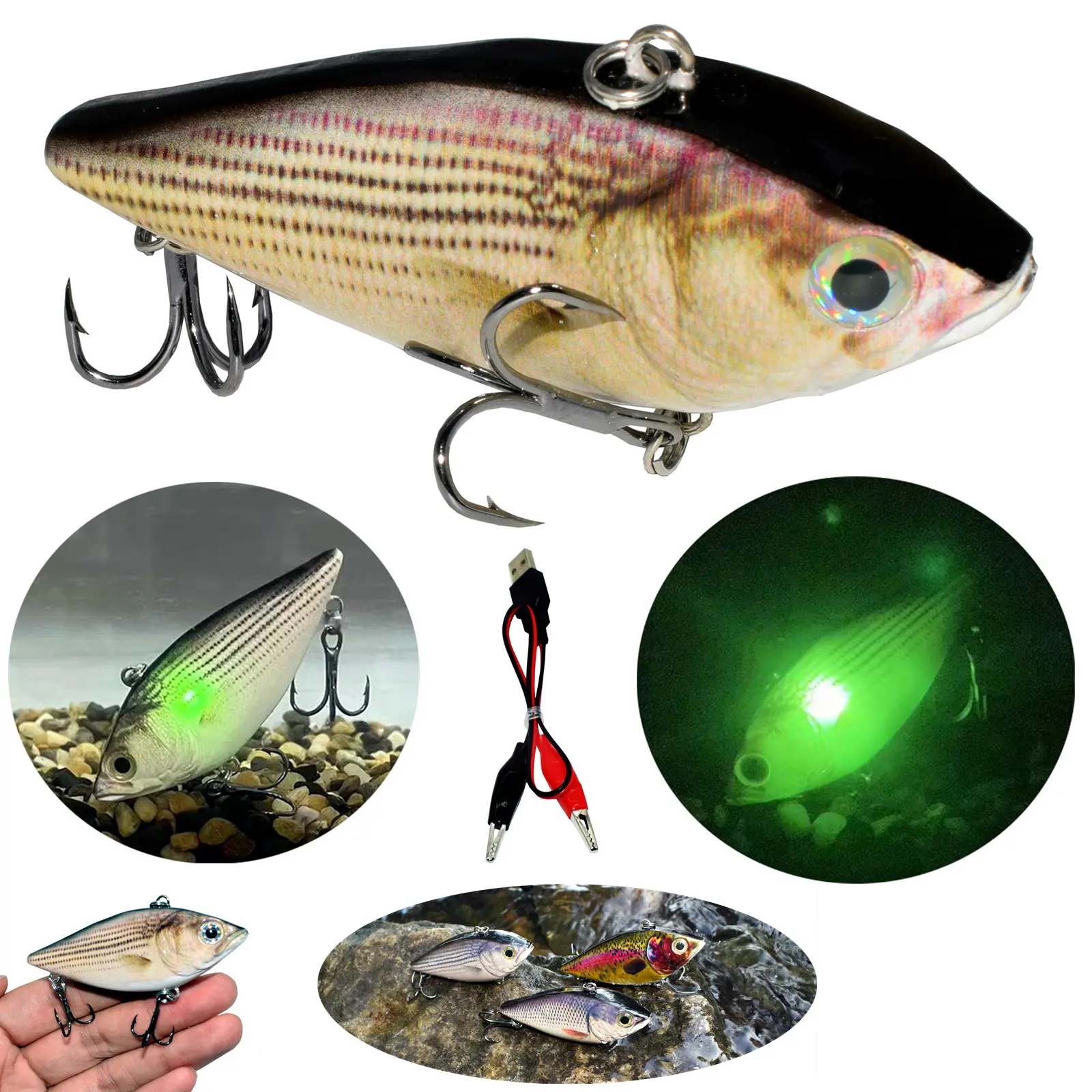 Electric Fishing Lure, 3.1in Lifelike Vibrating Swimbait, USB Rechargeable Artificial Minnow Wobbler with Flashing LED Light & Rattle, Artificial Fishing Lures