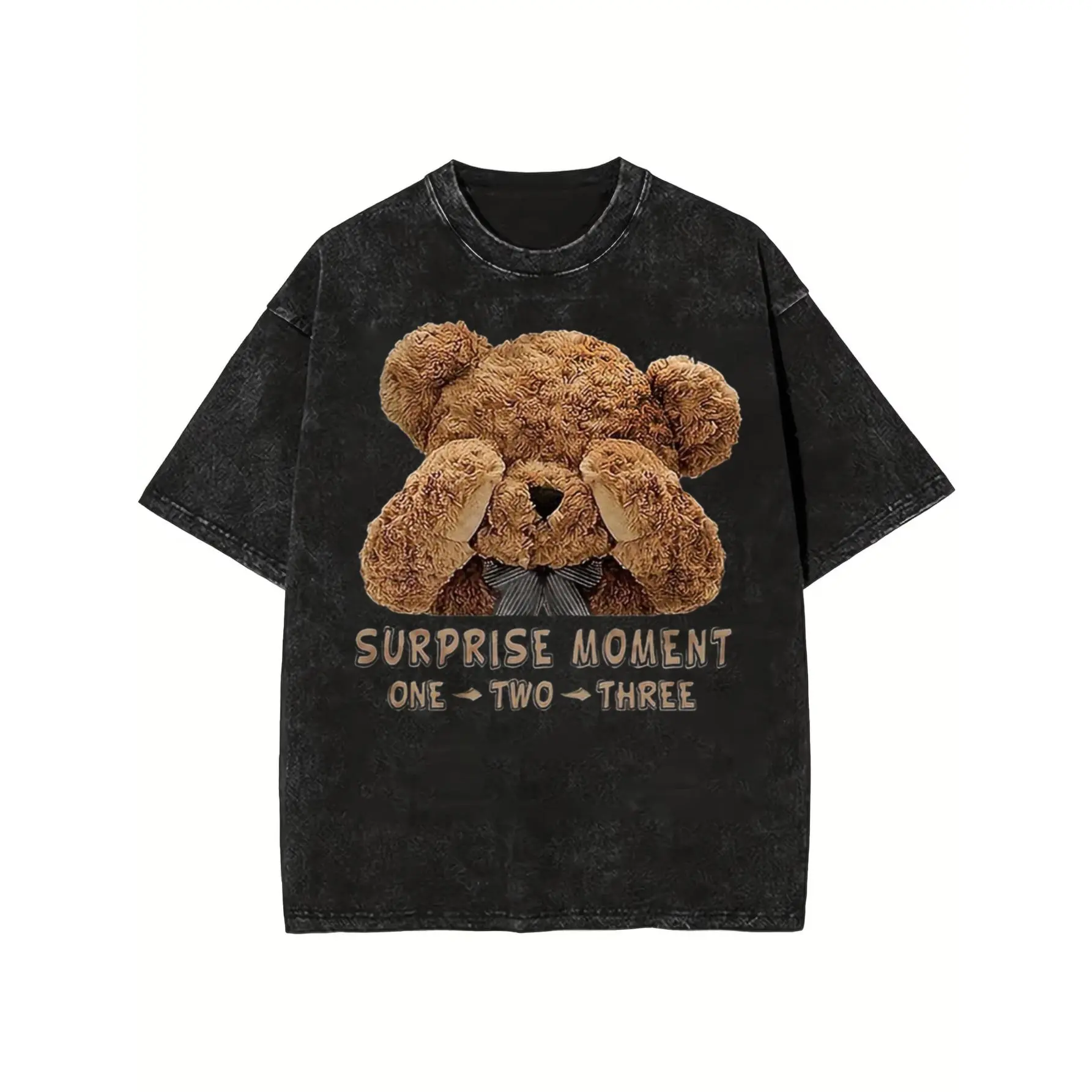 One 100 Percent Pure Cotton Front Washed Fabric T Shirt With Cute Teddy Bear Surprise Moment Design Perfect For Casual Wear And Holiday Gifts Unisex Style Suitable For Everyday Use 230g Weight