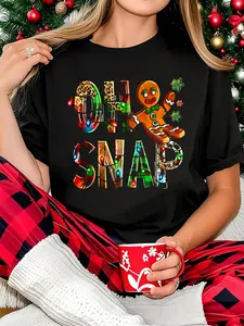 100% Cotton Women T-shirt  Women Christmas T-shirt Oh Snap! Funny Gingerbread Man Cookie Christmas T-Shirt Print Round Neck Short Sleeve T-Shirt For Women Casual, Summer, Women Top Graphic Tees Women Tops