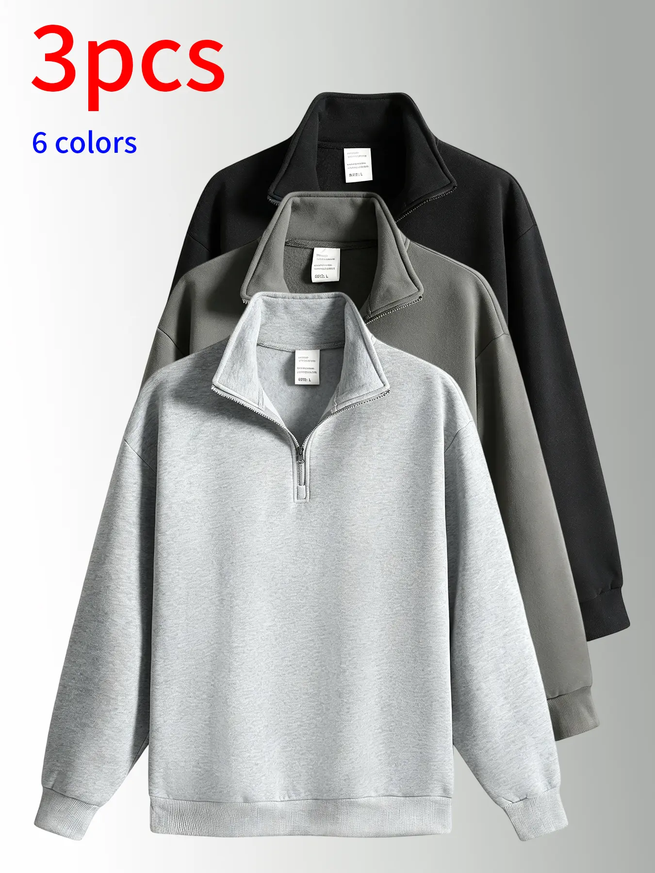 3-pack men’s stand-collar sweatshirts, men’s sweatshirts. Loose fit, half-zip stand collar design, soft, comfortable, skin-friendly fabric, minimalist solid color design, available in multiple colors, suitable for daily commuting, school, shopping, sports