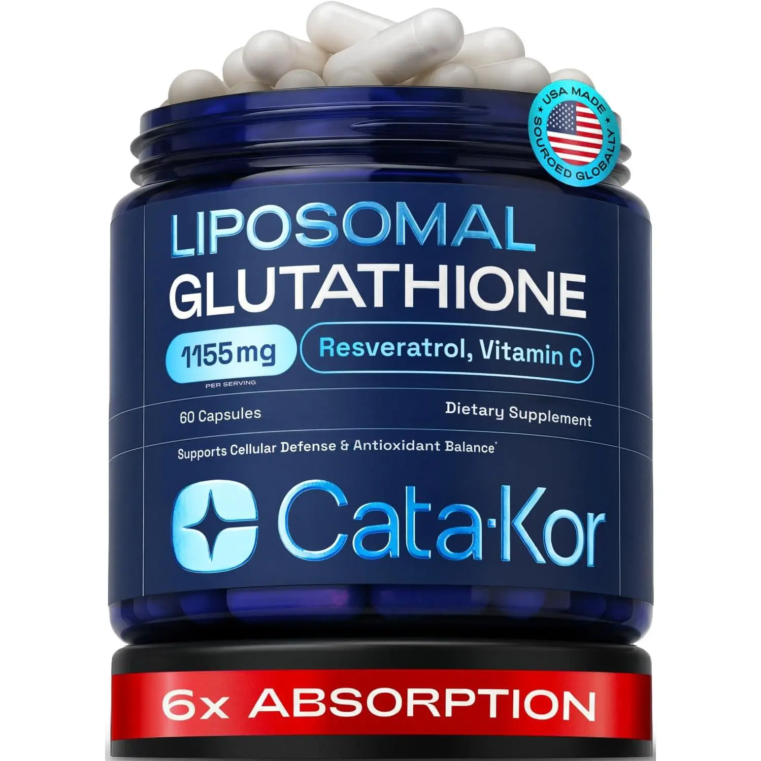Cata-Kor Liposomal Glutathione 1000mg – Ultra High Absorption with Resveratrol, Vitamin C, Selenium & Vitamin B2 – Antioxidant Support for Immune Support & Healthy Aging – (60 Count (Pack of 1))
