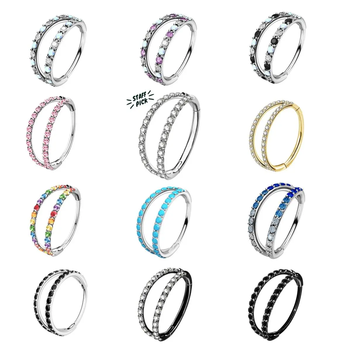 OUFER 20G AAAAA+ CZ 316L Stainless Steel Hinged Double Row Hoop Piercing Ring - 5mm-12mm Inner Diameter (7mm Option), Sparkling Zircon Inlay, High Quality Jewelry, Accessories for Women, Dainty Nose Piercing Piece