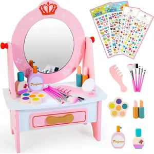 Wooden Vanity Set for Kids, Pretend Play Toddler Makeup Vanity with Acrylic Mirror, Beauty Salon Play Set for Little Girls Age 3+, Toys Gifts Includes Makeup Accessories and Bonus Stickers