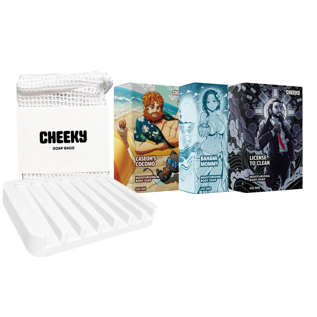 3-Pack of Cheeky Moisturizing Body Soap Best Sellers (w/ Soap Bags & Tray!) - Clinically Proven to Moisturize Skin - Jojoba Oil & Shea Butter