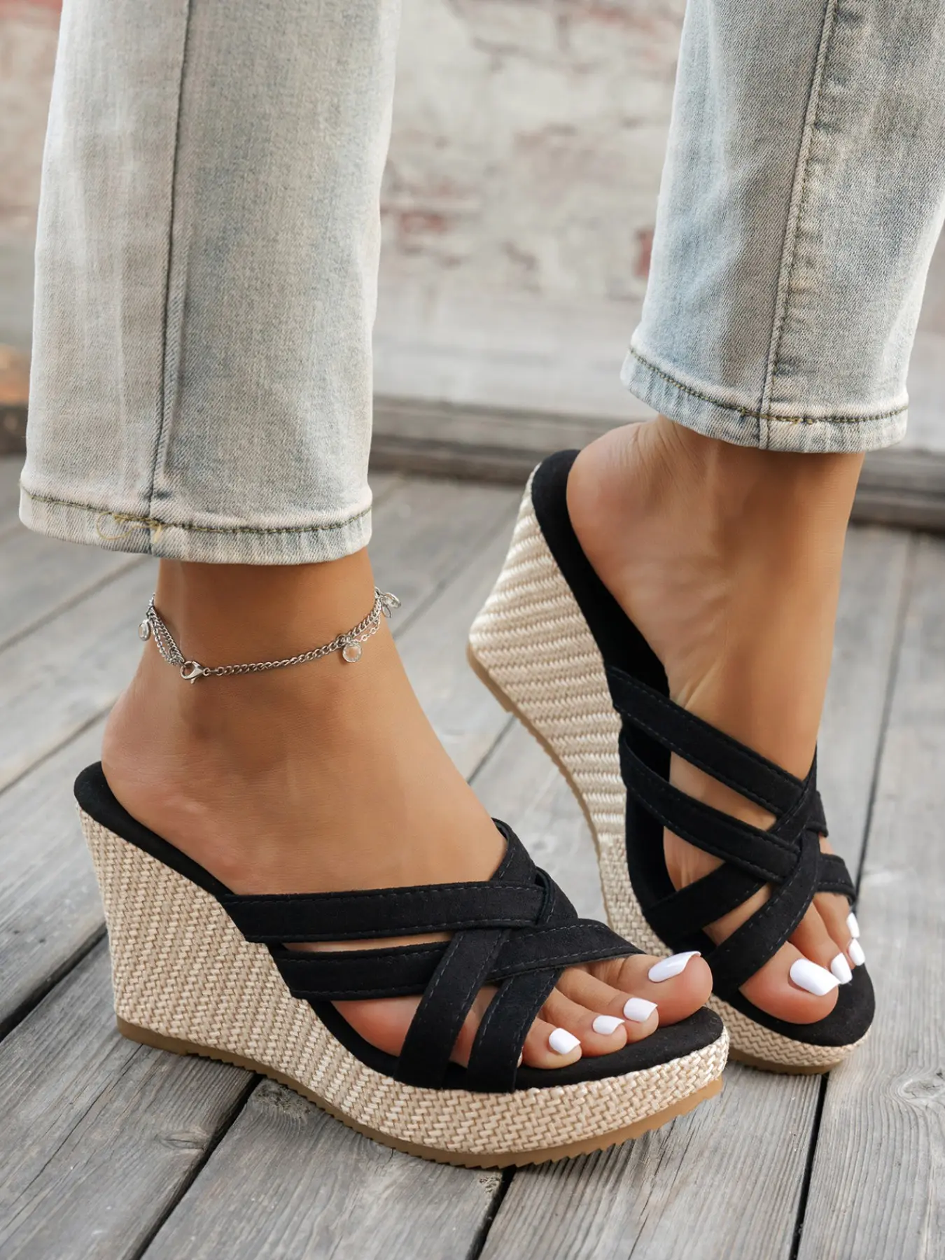 Women's Bohemian Wedge Sandals, Boho Style Sandals, Slip-On Cross Strap Thick Sole, Classic Straw Design, Summer Beach Casual Shoes, Comfortable Daily Wear