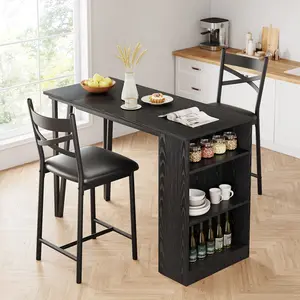 3-Piece Expandable Counter Height Dining Set for 2, Bar Table with 3 Storage Shelves & 2 Cushioned Chairs, Space-Saving Kitchen Table Set for Small Apartment or Nook