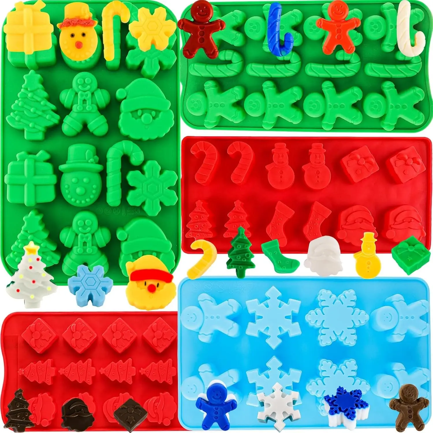 Christmas Silicone Molds Christmas Chocolate Molds Candy Molds for Baking Sweet Treats,Cake Xmas Gift Handmade Soap Candles with Shape of Christmas Tree, Santa Head Party Decoration Red,Green,Blu