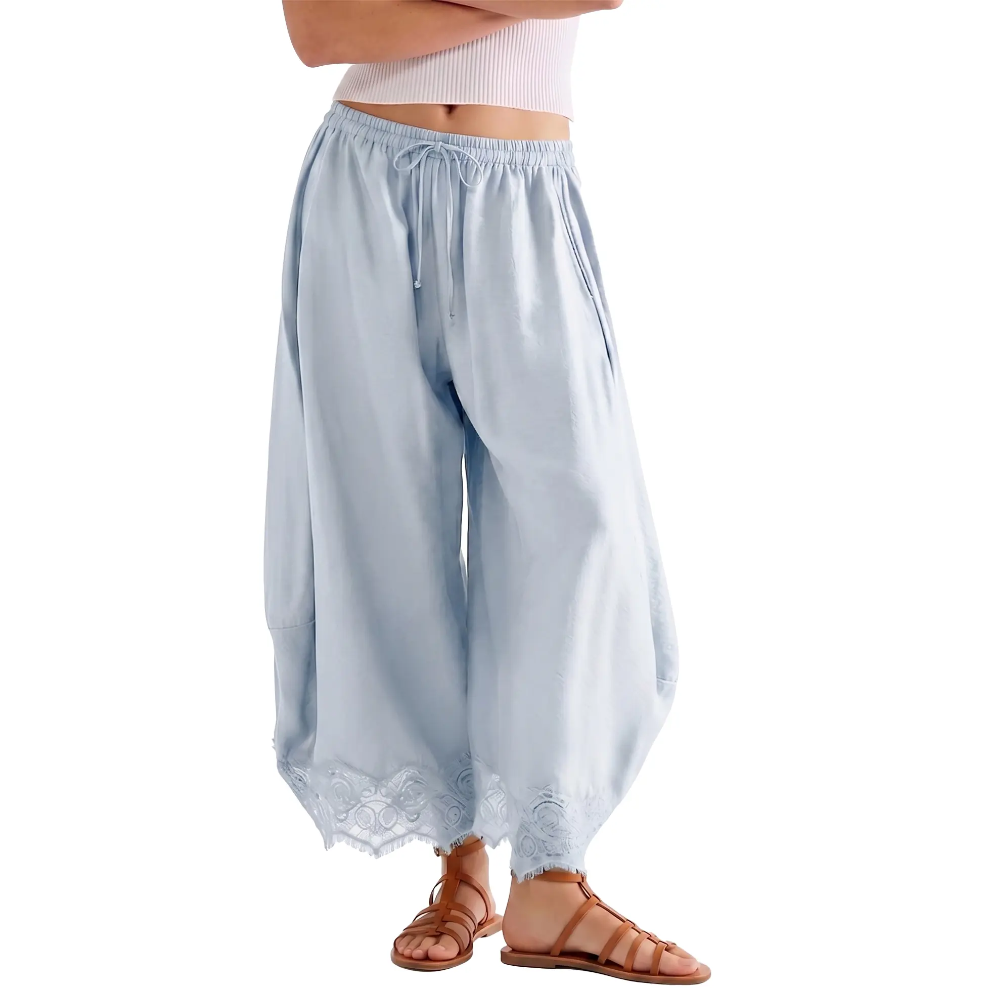 Hixiaohe Women's Bohemian Wide Leg Pants with Lace Hem, Casual High Rise Cropped Lounge Trousers with Drawstring and Pockets, Bottoms, Elastic, Shirts, Basic, Suit, Style, Cropped Boho, Pants For Women, Comfy Pants