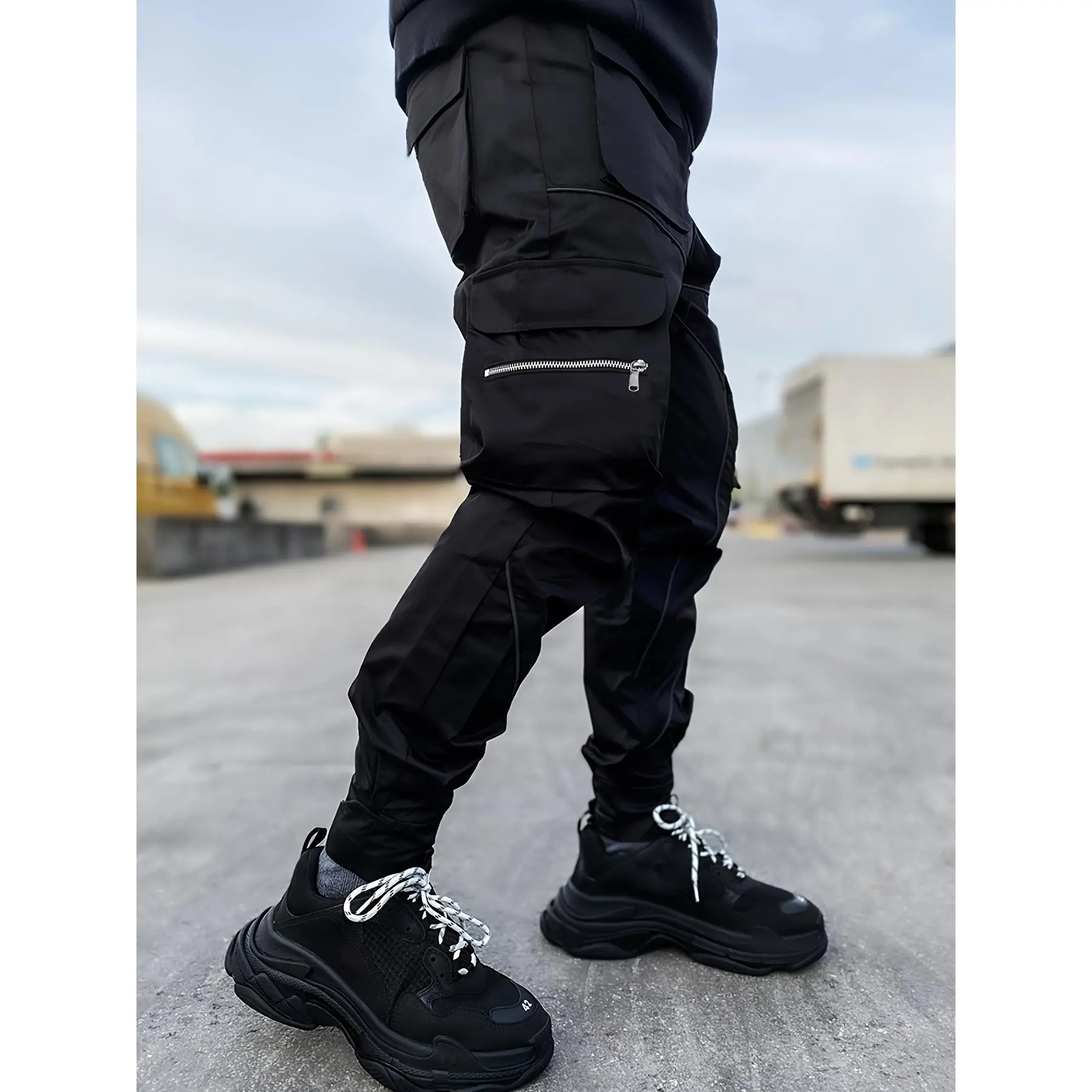 Men's Plain Cargo Pants - Trendy Menswear Activewear, Loose Straight Sportswear Trousers with Multi Pockets, Reflective Athletic Bottoms