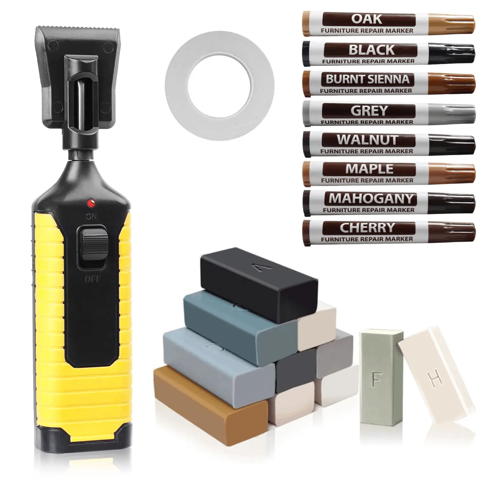 20PCS Wood Floor Repair Kit Set for DIY Users - Hardwood Vinyl & Laminate Indoor Floors, Includes 11 Wax Blocks, 8 Touch Up Markers, 1 Heat Pen, 1 Roll Tape for Scratch Fix, Stains, Cracks, Holes