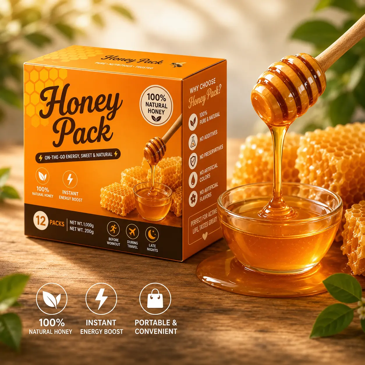 Premium Natural Honey Portable Single-Serve Sachet Packs, Daily Wellness Support