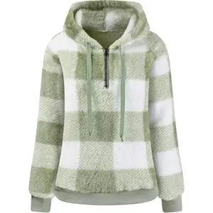 Women's Sherpa Pullover Sweatshirt Faux Fleece Quarter Zip Hoodie Double Fuzzy Hoodies with Pockets