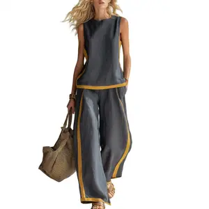 2026 Linen Blend Two Piece Set for Women Sleeveless Color Block Top Wide Leg Pants Set Casual Summer Outfit  LinenSet  WideLegPants  ColorBlock  SummerOutfit  BohoFashion  CasualWear  Outfit of the Day  WomensFashion