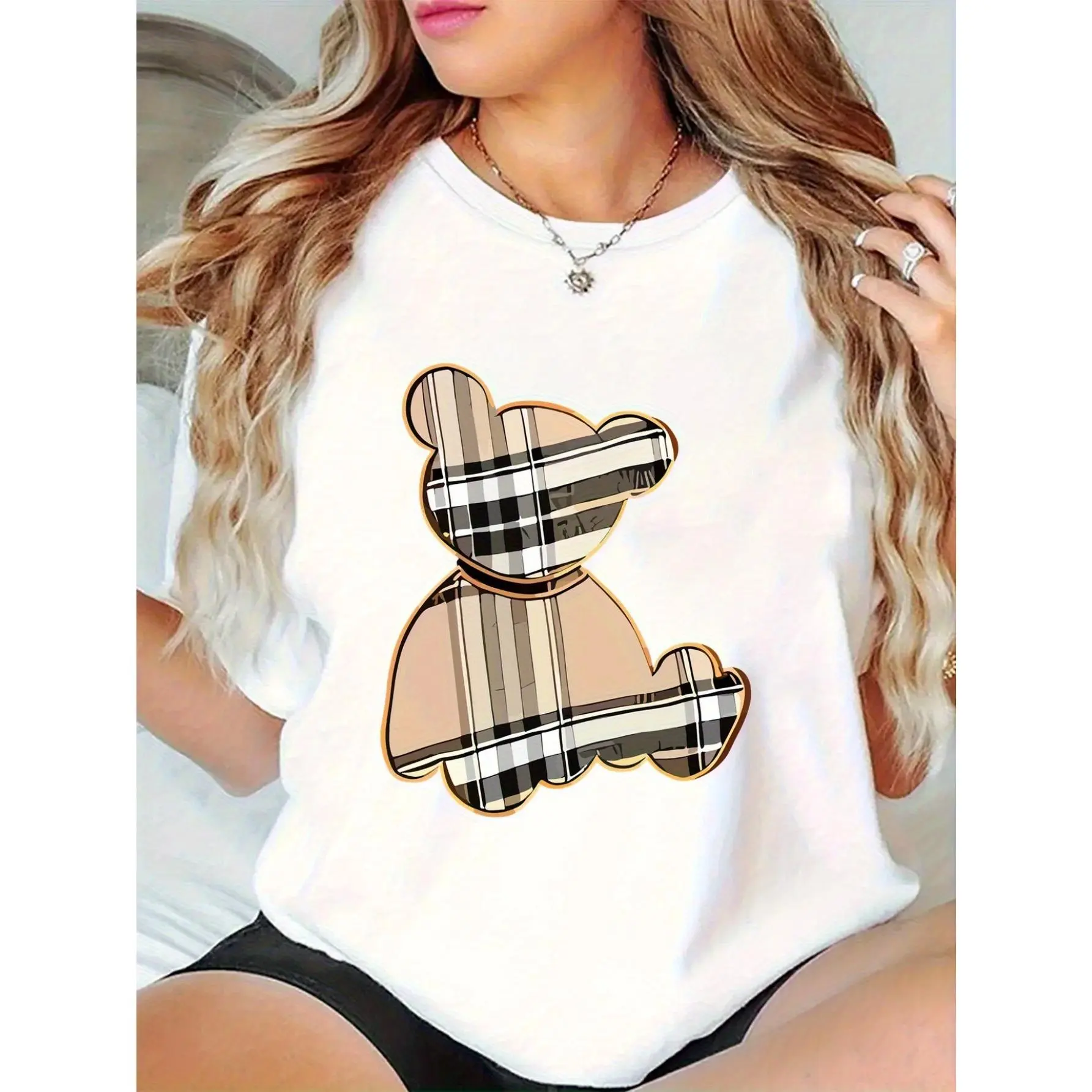 Women's Cartoon Bear & Plaid Graphic Cotton T-Shirt - Loose Fit Short Sleeve Round Neck, Breathable Summer Casual Top for Daily Wear & Parties, Machine Washable, Bear T Shirt, Relaxed Fit Tee, Comfortable Tee
