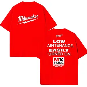 Milwaukee MX Fuel Graphic T-Shirt Red Unisex Oversized Fit Soft Breathable Cotton Crewneck Tee Low Maintenance Slogan Print Menswear Top