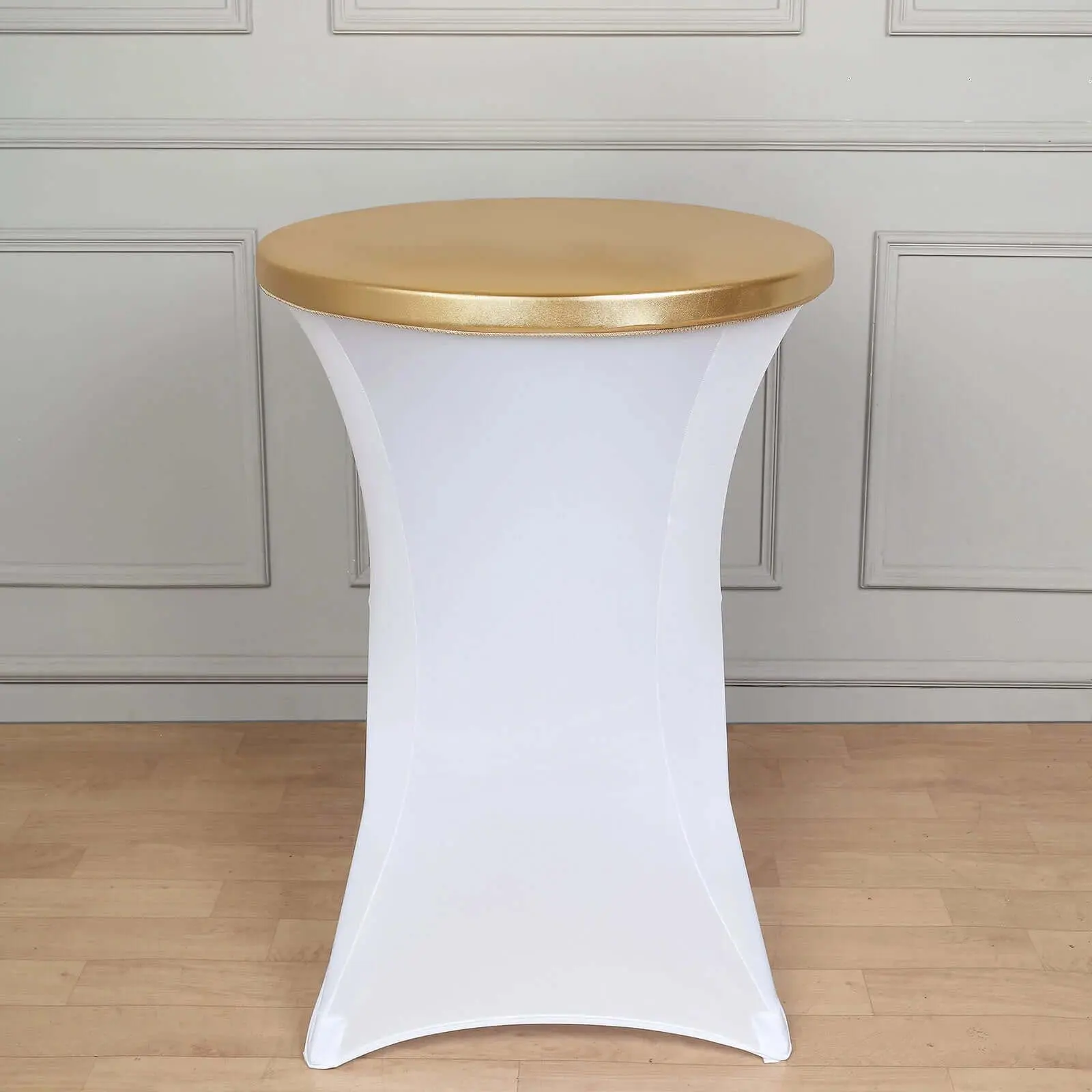 Fitted Metallic Gold Spandex Cocktail Table Top Cover - Stretchy, Durable, Easy-to-Clean for Wedding, Baby Shower, Anniversary, Birthday Parties, Outdoor Furniture Use