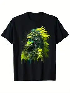 Men's Retro Native American Gas Protective Mask Pattern T-shirt-Black with Yellow and Green Tribal Art, Short Sleeve Regular Edition, All Season Comfortable Outdoor and Beach Casua, office commute, Thanksgiving, Halloween, for couples Casual Round Neck