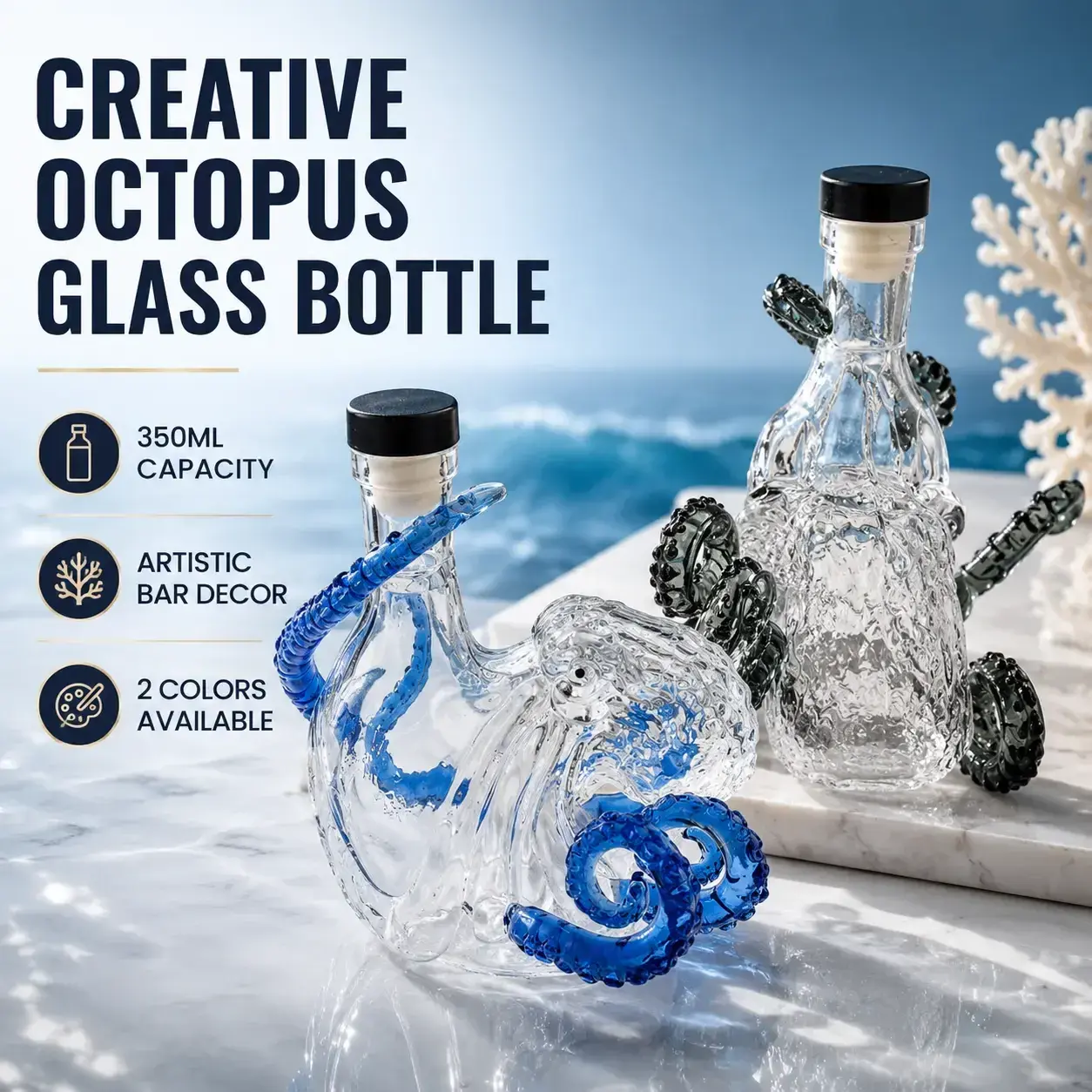 350ml Creative Octopus Glass Bottle, Decorative Whiskey Decanter with Sculptural Tentacle Design, Clear Glass Liquor Bottle for Bar, Home Decor & Gift