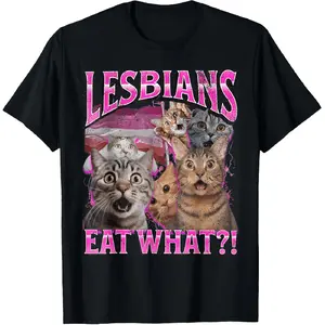 😸"100% Cotton 'Lesbians Eat What?!’ Funny Cat LGBTQ+ Pride T-Shirt – Hilarious Pun Graphic Tee for Men & Women, Rainbow Humor Shirt, Casual Unisex Top for Pride Month, LGBTQ+ Support Shirt, Comfortable Cotton Casual Wear, Perfect Gift for Meme Lovers"