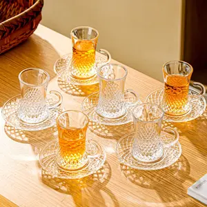 Set of 6 Turkish Tea Glasses With Handle, Stylish Slim Waist Design and Thick Sole Prevent Tea from Getting Cold, 4.2 oz Small Clear Teacup Set Glass Coffee Cups for Espresso Coffee, Hot Chocolate