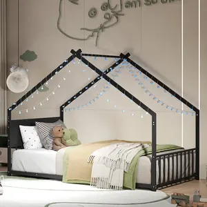 Twin Size House Bed with Roof and Colorful Lights, Metal Bed Frame with Slats and Legs, House Bed for Boy, Girls and Young Teens, No Box Spring Needed
