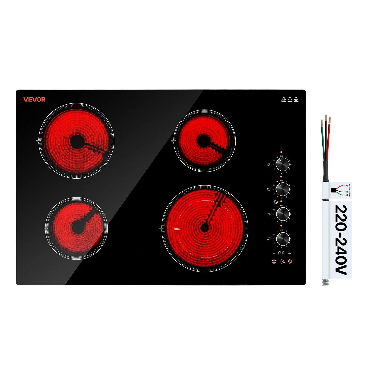 VEVOR Electric Cooktop 30inch 4 Burners Stove Top 6700W 220V No Plug, Ceramic Built-in Radiant Electric Stove , with 11 Power Levels, Timer, Child Lock, Over-Heat Guard, Knob/Touch Control
