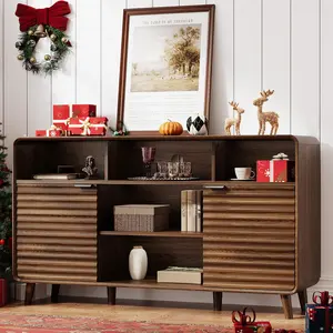 【SPRING GLOW UP】ONBRILL 58 Inch Curved Sideboard Buffet Cabinet w/2 Wave Doors and Open Storage Spaces, Angled Side Frame, Sideboard Storage with Adjustable Shelves, Coffee Bar Cabinet for Dining Room, Living Room