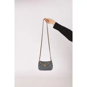 Pre-owned CHANEL Designer Handbag/Wallet Logo Charms Pochette Metallic Slate Grey 2021 GHW Drop 32