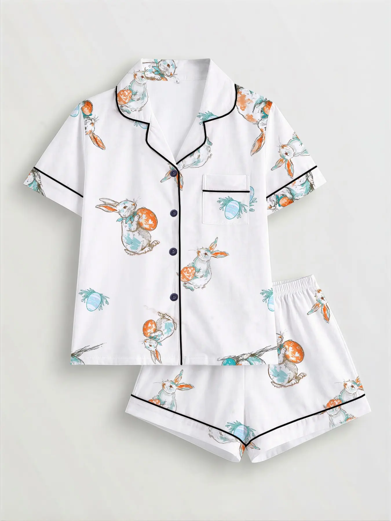 Easter Women's Sleepwear Set, Rabbit Egg Pattern, Short Sleeve Button-Up Top, Elastic Shorts, Casual Home Wear, All Seasons