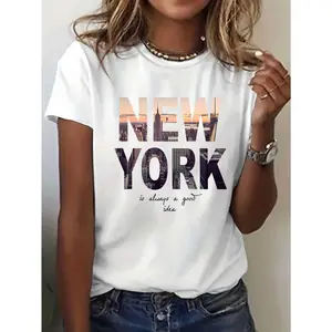Women's New York Monogram Printed Knit Fabric Seamless T-Shirt - Spring Summer Short Sleeve Crew Neck Casual Top for Parties