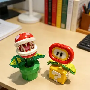 2 Sets of Fun Block Flower Toys, Building Blocks Model, Large Mouth Carnivorous Plant and Flame Flower Models, Ideal for Mario Series Collectors and Creative Décor