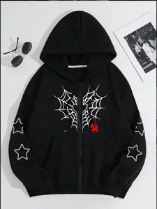 Women's Spider Web Print Zip Up Hoodie, Gothic Style Hoodie, Casual Long Sleeve Drawstring Hooded Sweatshirt for Fall & Winter, Women's Clothes for Daily Wear, Halloween
