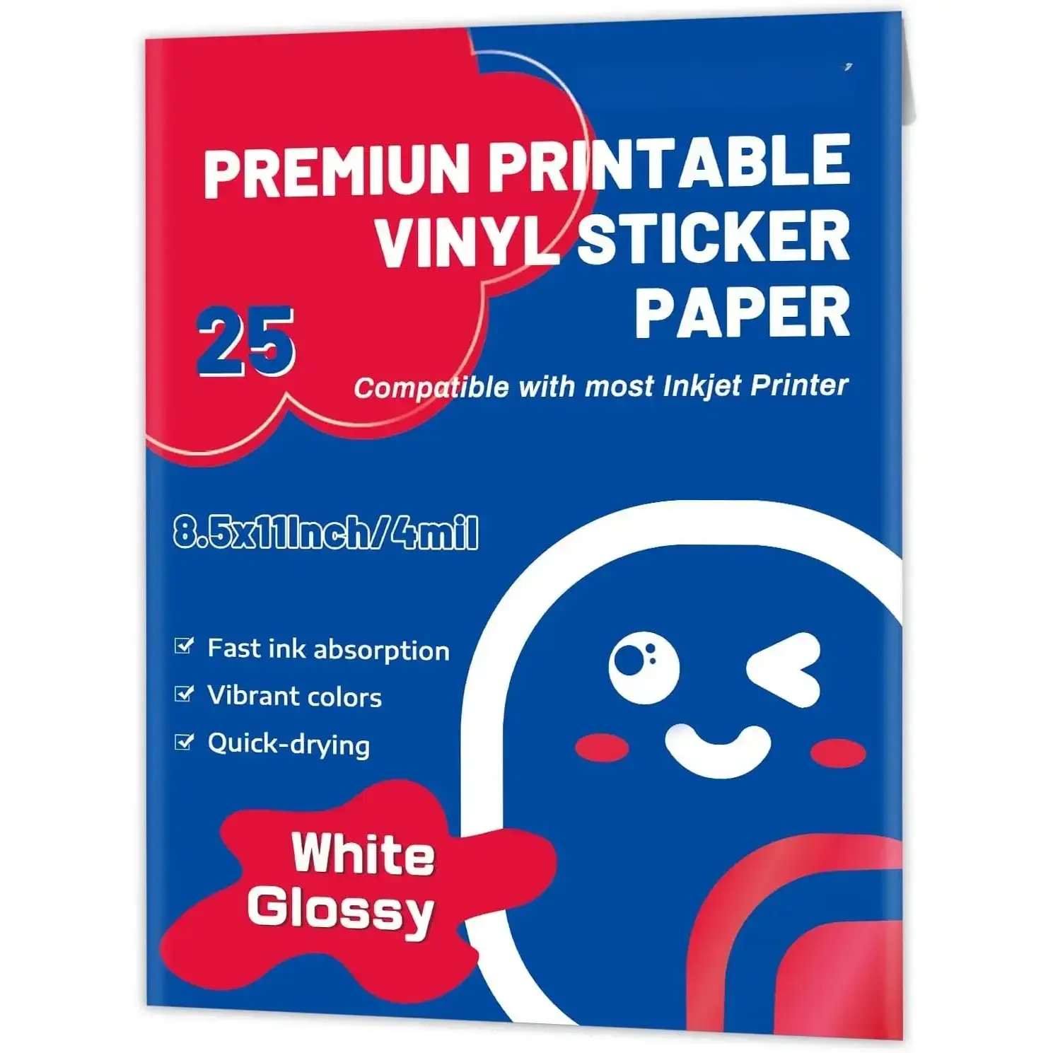 Glossy Finish Printable Vinyl Sticker Paper, 25 Sheets 8.5x11 in Letter Size for Inkjet Printer - Waterproof, Quick-Drying, Tear-Resistant White Adhesive Decals for Crisp, Colorful Creative Printing Needs, Craft