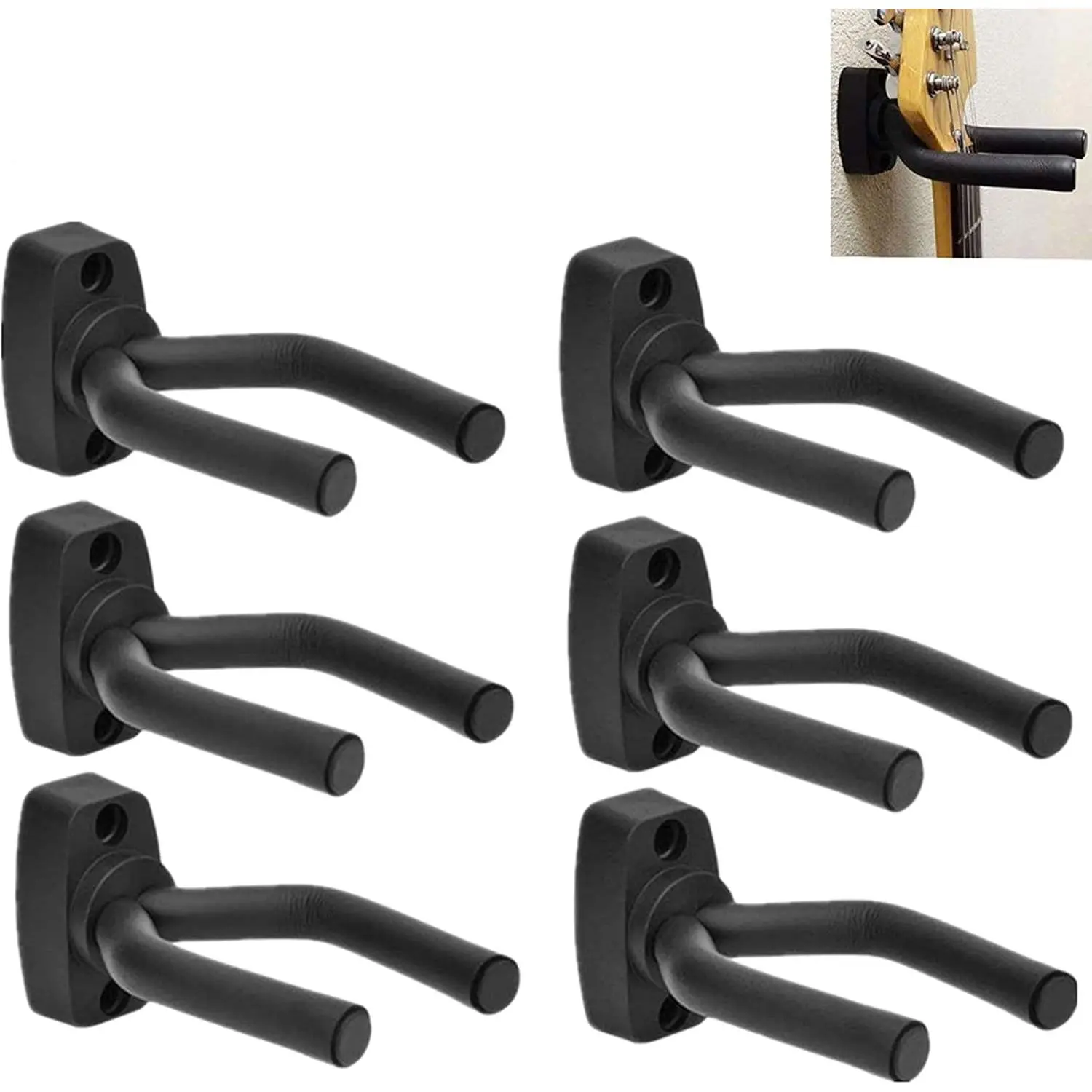 Guitar Wall Mount Hanger 6 Pack, Guitar Hanger Wall Hook Holder Stand Black Display with Screws - Easy to Install - Fits  Size Guitars, Bass, Mandolin, Banjo, Ukulele