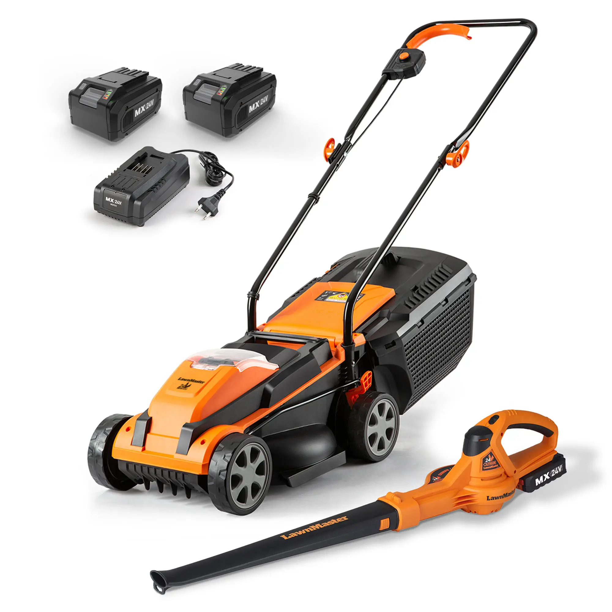 LawnMaster 24VMWBL 24V Max 13-inch Cordless Mow & Blow Set - Includes Push Handle Lawn Mower, Leaf Blower, 2x4.0Ah Batteries, and Charger, Lawn Mower Battery Powered, Battery Lawn Mower