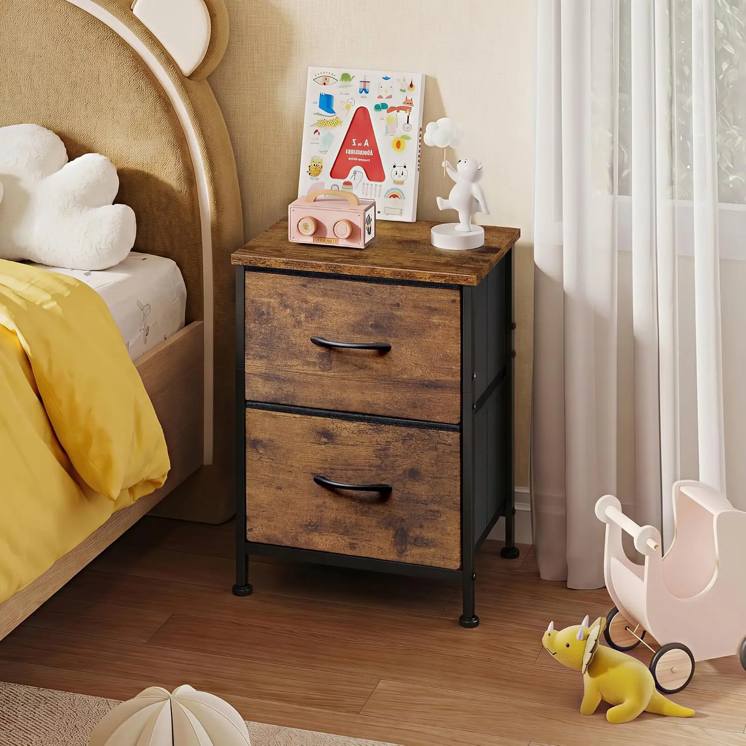 Rustic Bedside Cabinet - Nightstands with Drawer, Small Bedroom Storage Dresser with 2 Fabric Drawers and Wooden Top for Nursery, College Dorms, Top Surface, Accent Furniture, Beside Table Nightstand, Dresser For Bedroom, Non-Woven Fabric, Drawers For Bed