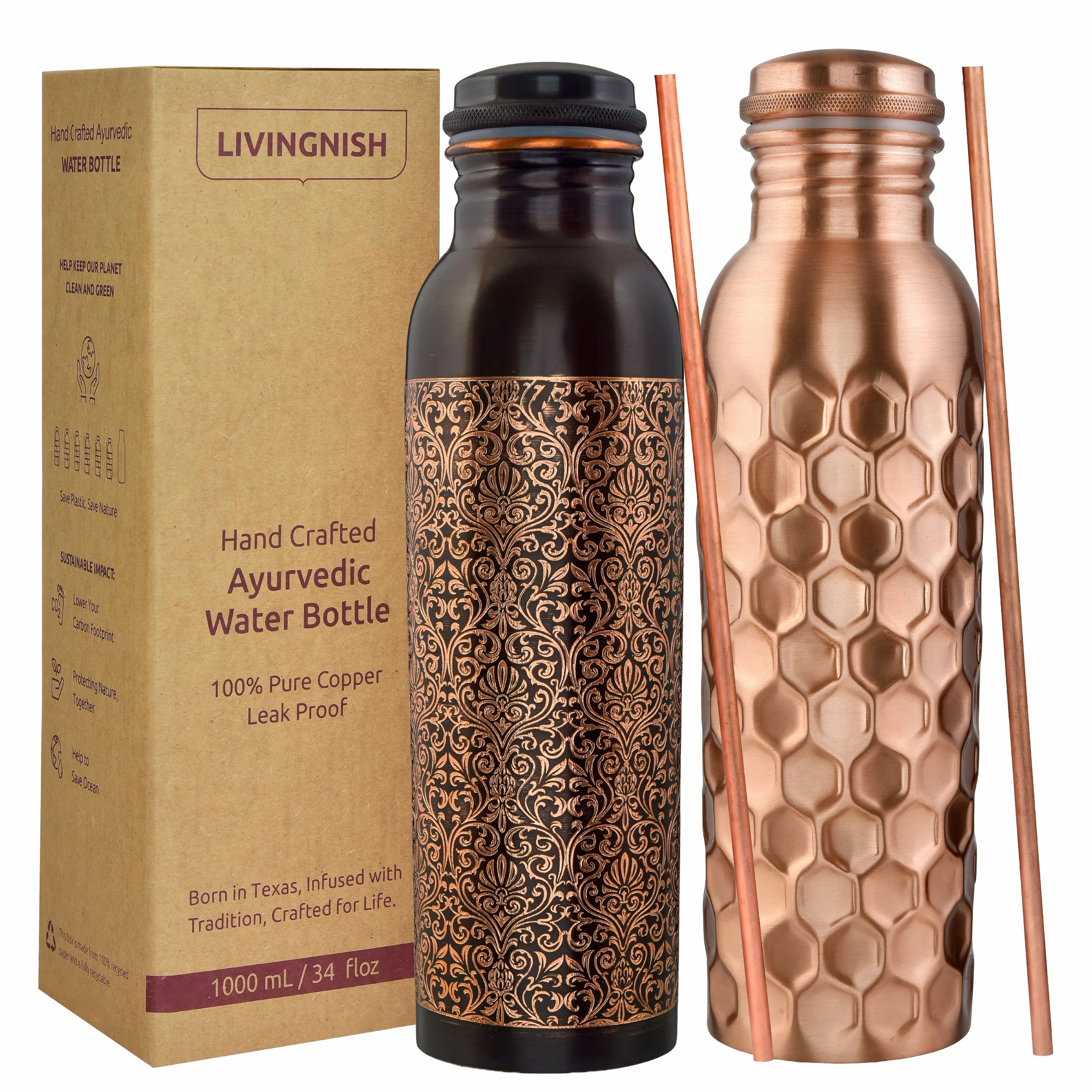 100% Pure Ayurvedic Copper Water Bottle- 8 Pcs Set (2 Bottle, 2 Straw,2 Extra Silicon Ring and 2 Cloth bags) AQHN, Antique, Ant Etching/Matt Honeycomb