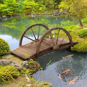 3.3ft Wooden Garden Bridge Arc Footbridge with Half-Wheel Style Railings Solid Fir Construction Stained Wood Weather-Resistant 330 lbs Capacity