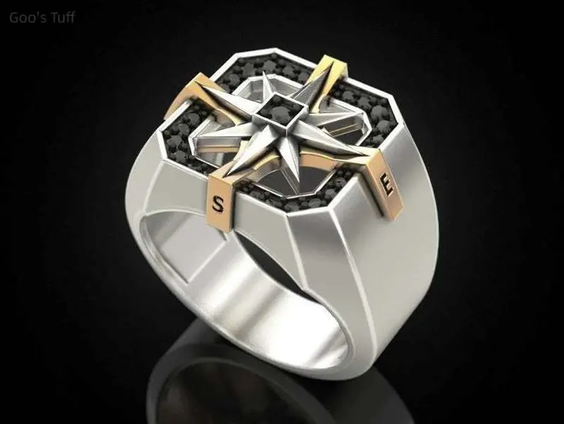 Men's S925 Silver Ring with 2-Tone Viking Compass Motif, Vintage Nordic Signet Jewelry with a Punk Vibe for Daily Wear & Parties, Male Ring, Finger Band