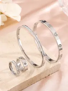 Women's Stainless Steel Jewelry Set, 4-Piece Rhinestone Bracelet & Ring Collection, Elegant Daily Wear Accessories