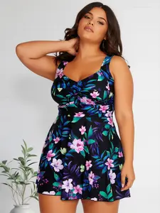 Women's Plus Size Tummy Control V-Neck Twist Swim Dress - Tropical Print Polyester Blend, Quick-Drying Slimming Mini Length, Modest Fashion Swimsuit, Full Coverage Skirt Style Curvy Swimwear for Beach Vacation, Spring Break, Tummy Control Swimdresses