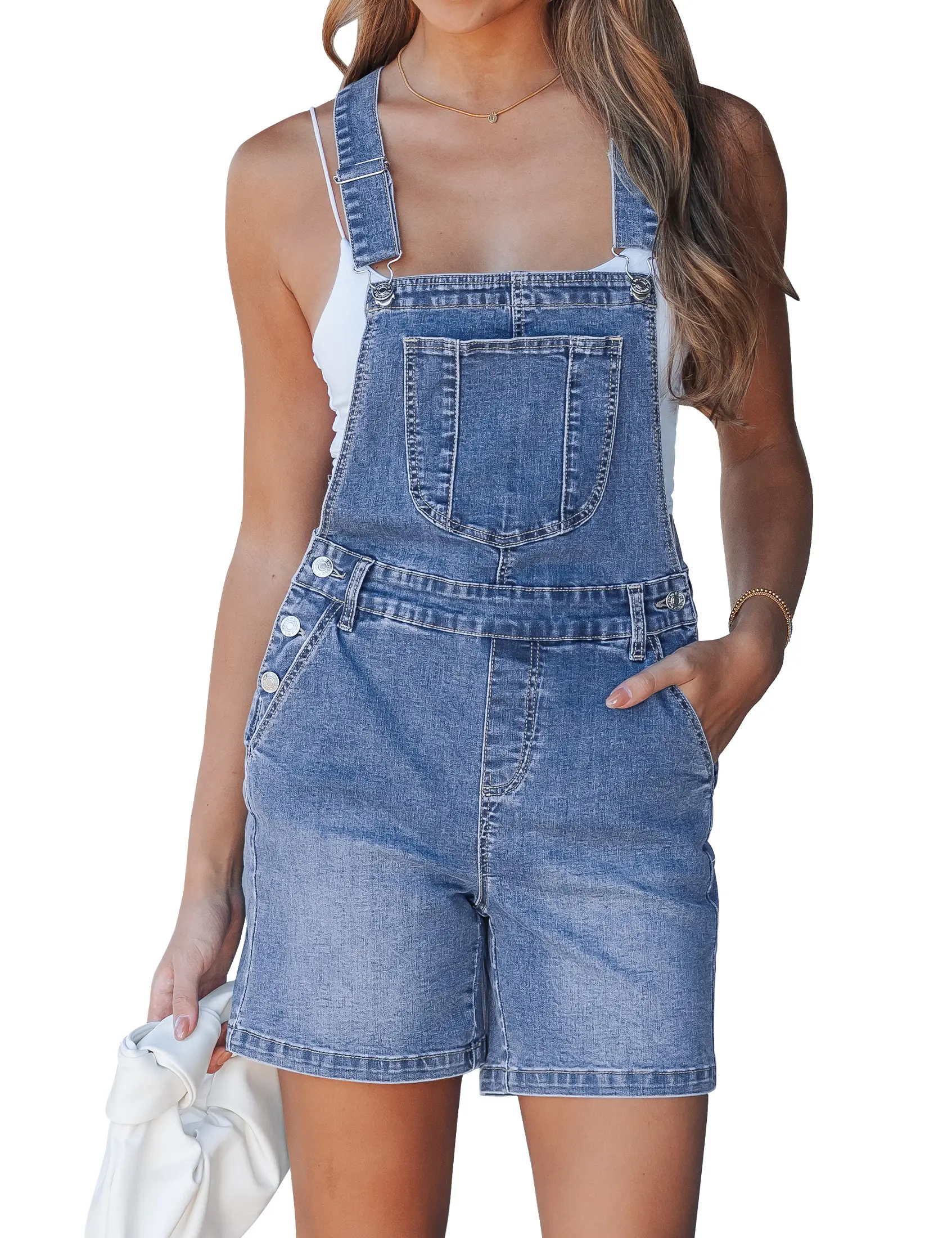 Luvamia Women's Relaxed Fit Stretchy Cotton Blend Denim Bib Shortalls - Basic Women's Fashion Clothes Product with Adjustable Straps, Casual Side Button Detail, Standard Sizes