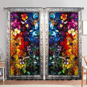 Colorful Glass Panel Door Curtain, 1 Set Exquisite Floral Pattern Door Curtain, Home Decor for Living Room Bedroom Study Room, Home Decoration Curtain